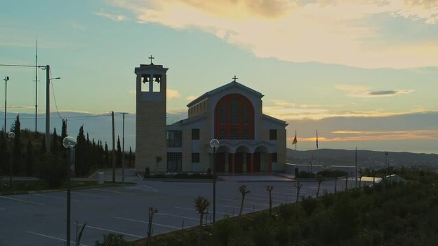 Aerial - Orthodox Church at sunrise in Pallini, Athens, Greece