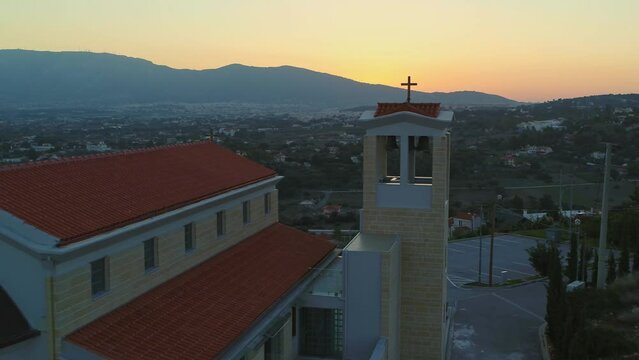 Aerial - Orthodox church at sunset in Pallini, Athens, Greece