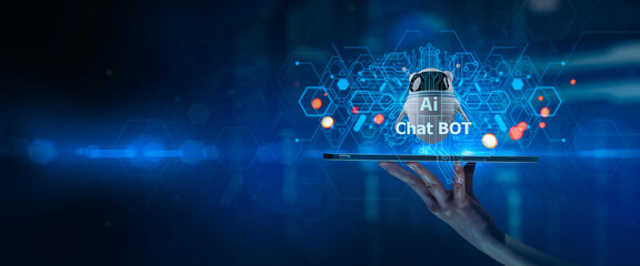 Artificial Intelligence,AI chat bot chat and Machine Learning concept.AI chat bot chat with businessman provide smart solution to solving business task,engine offer smart response conversation data