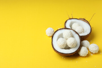 Concept of tasty sweets, coconut candies, space for text