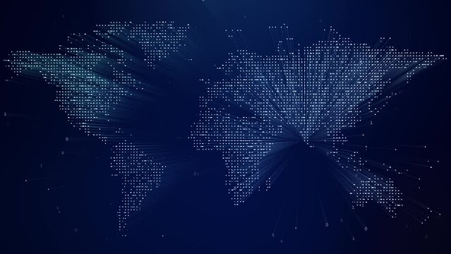 Illuminated digital world map over dark blue background with random numbers