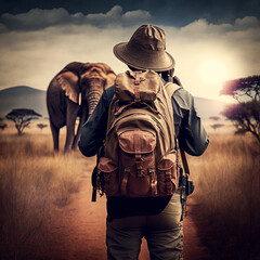 Back view of a traveler man on a safari in Africa. Generative AI.