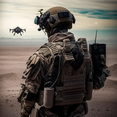 Back view of a male soldier next to a drone. Generative AI.