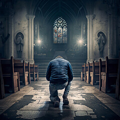 Man praying on his knees in a church. Generative AI.