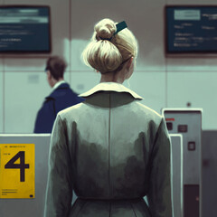 Woman checking in at an airport. Generative AI.