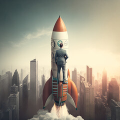 Business man on a rocket. Business success concept. Generative AI.