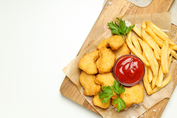 Concept of tasty fast food, nuggets, space for text