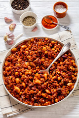 Beans and Sausage bake in baking dish, top view