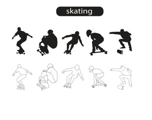 Skating People Silhouette and Line Icons Vector Illustration 