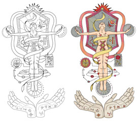 Vector Mystic illustration with occult, esoteric and gothic symbols of hands and human silhouette isolated on white, black and white and colorful set of mysterious emblem and Halloween concept