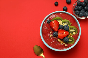 Concept of delicious food with smoothie with different ingredients, space for text