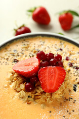 Concept of delicious food with smoothie with different ingredients, close up