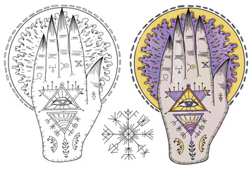 Vector Mystic illustration with occult, esoteric and gothic symbol of astral hand isolated on white, black and white and colorful set of mysterious emblem and Halloween concept