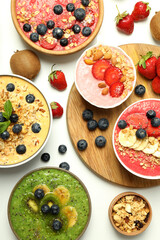 Concept of delicious food with smoothie with different ingredients, top view