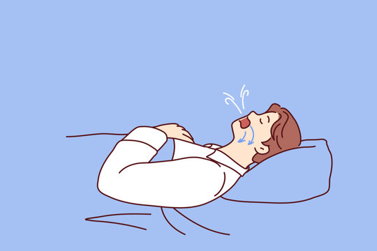 Man dozing on back in bed snores and has problems during obstructive sleep apnea. Guy suffering from obstructive sleep apnea with arrows on face pointing to airways that promote snoring