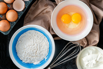 Basic cake ingredients - overhead view