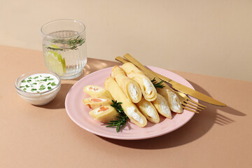 Concept of tasty food, thin pancakes with filling