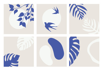 Fototapeta na wymiar collection of modern simple minimalist landscape abstractions: sun, birds, tree branch, monstera leaves and palm trees, geometric shapes on a beige background