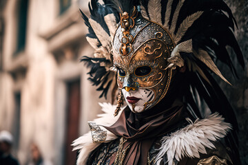 Portrait of a woman in a traditional Venetian carnival costume with a mask and ornaments. Generative ai