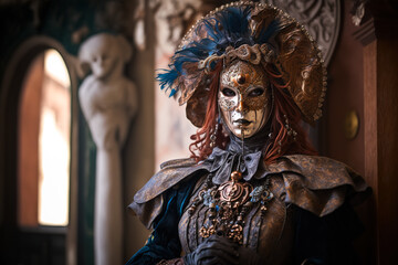 Portrait of a woman in a traditional Venetian carnival costume with a mask and ornaments. Generative ai
