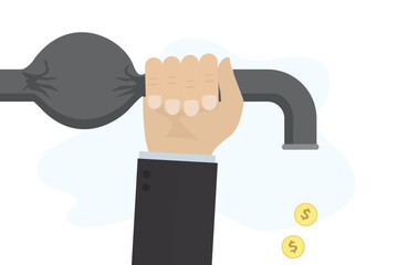 Hand of clerk or tax inspector pinched pipeline. Closing cash flow. Lack of profit and financial success. Problems with cash and payments. Economic crisis. Company is bankrupt.