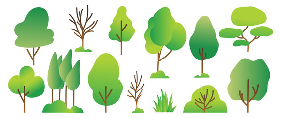 Set of cartoon trees vector. Simple modern style flat forest, jungle, coconut trees, deciduous meadow cute green plants. Design illustration for agricultural garden, nature park, comic landscape. 