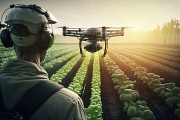Man farmer, agronomist standing in green  field and controlling of drone which flying above margin. Drone hovers behind the agronomist in wheat field. Agricultural new technologies and innovations. Te