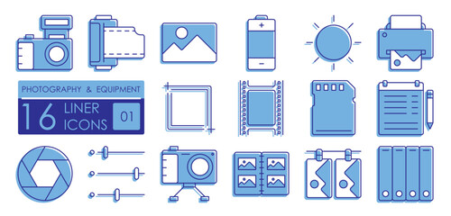 Set of color filled linear icons. Equipment for photography and film processing. Printing of finished photos. Camera, film, memory card, lens