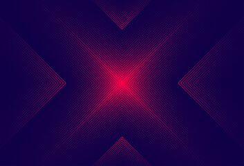 Abstract shiny red arrow pattern on blue background with glowing lights. Modern gradient geometric lines texture design. Halftone stripes. Futuristic technology concept. Vector illustration