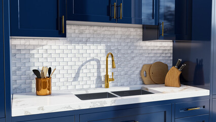 Kitchen interior with kitchens utensils, white tile backsplash, navy blue kitchen cabinets in shaker door style and modern quartz countertops. 3D render