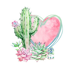 Watercolor illustration of cactus with heart © SvetaArt