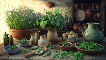  a painting of a table with pots, bowls, and herbs.  generative ai