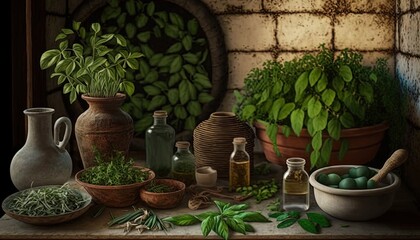  a painting of herbs and bottles on a table next to a potted plant.  generative ai