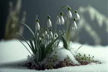 White Snowdrop flowers (Galanthus nivalis) growing out of the snow. First spring flowers. generative AI
 - obrazy, fototapety, plakaty