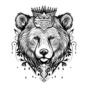 This design features a majestic bear head adorned with a crown, symbolizing strength, courage, and royalty. The intricate details and bold lines create a powerful image