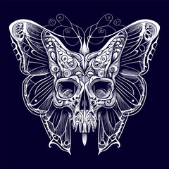 a skull with delicate butterfly wings, representing transformation and the fleeting nature of life. A fusion of beauty and death