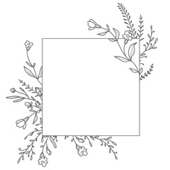 Elegant floral frame. Hand drawn flowers for logo template in line art. Vintage botanical wreath. illustration for label, branding, wedding invitation