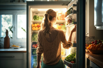Rear view of beautiful young woman opening fridge (Generative AI)
