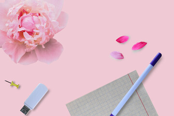 Feminine workspace: blank sheet of paper, pen, flash drive. Pink peony and petals on pink background. Top view.