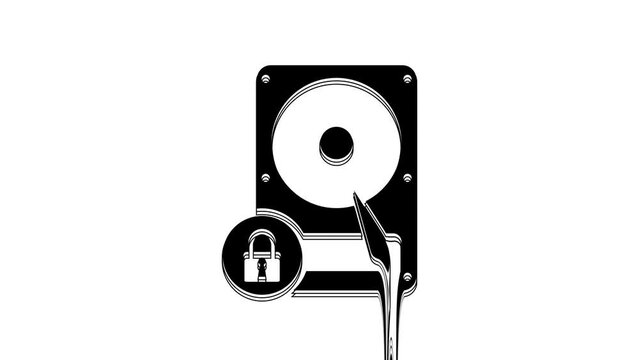 Black Hard disk drive and lock icon isolated on white background. HHD and padlock. Security, safety, protection concept. 4K Video motion graphic animation