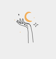 Hand drawn vector abstract outline,graphic,line art magic human hand with moon and star logo in minimalistic modern style.Moon and star sign outline design concept.Outline astrology line art isolated.
