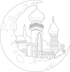 Realistic muslim buildings on the moon symbol graphic sketch template. Cartoon vector illustration in black and white for games, background, pattern, decor. Coloring paper, page, story book, print