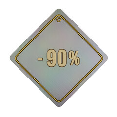 3d illustration, Golden texture -90% off discount letter promotion on ranbow metal price tag background sign symbol, premium label.