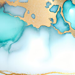 Light blue watercolor background. Light blue alcohol ink texture with gold layers created with Generative AI