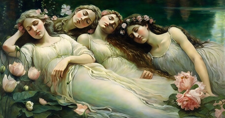 renaissance style oil painting of beautiful nymphs sleeping next to a river, made with generative ai - obrazy, fototapety, plakaty