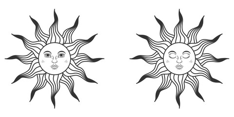 Obraz premium Pair of suns with open and closed eyes in medieval style. Illustration on transparent background