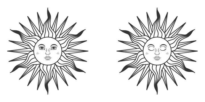 Pair of suns with open and closed eyes in medieval style. Illustration on transparent background