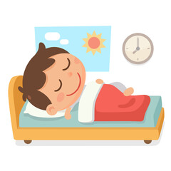 A child sleeping with a nice dream. A boy sleeps in the bed and a clock on the wall in the morning.