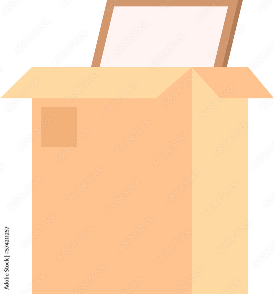 Poster Tall moving cardboard box with picture in frame semi flat color vector object. Editable icon. Full sized item on white. Simple cartoon style spot illustration for web graphic design and animation