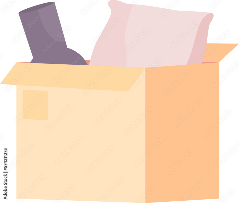 Poster open cardboard box with pillow and vase semi flat color vector object. moving. editable icon. full s
